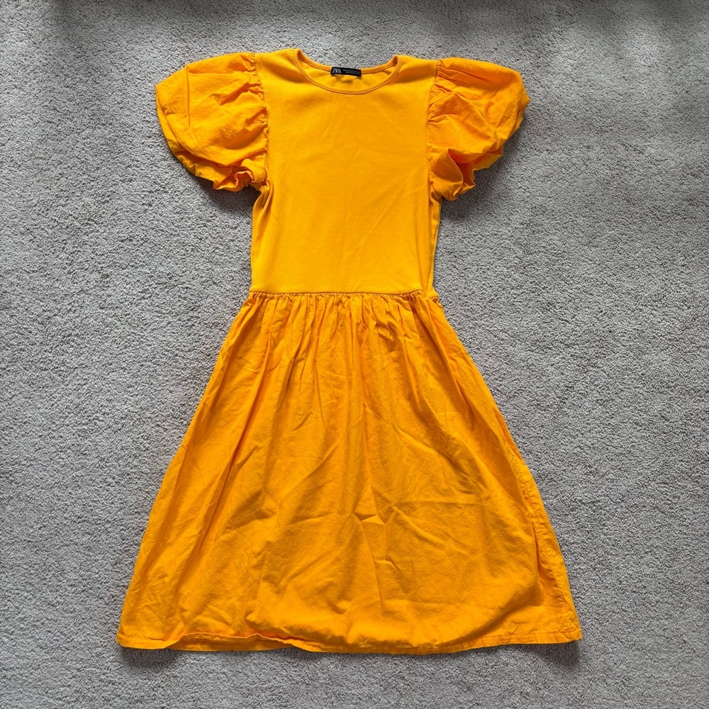 ZARA Vibrant Orange Puff Sleeve Multi-media Combination Knee Length Dress M - Picture 2 of 9